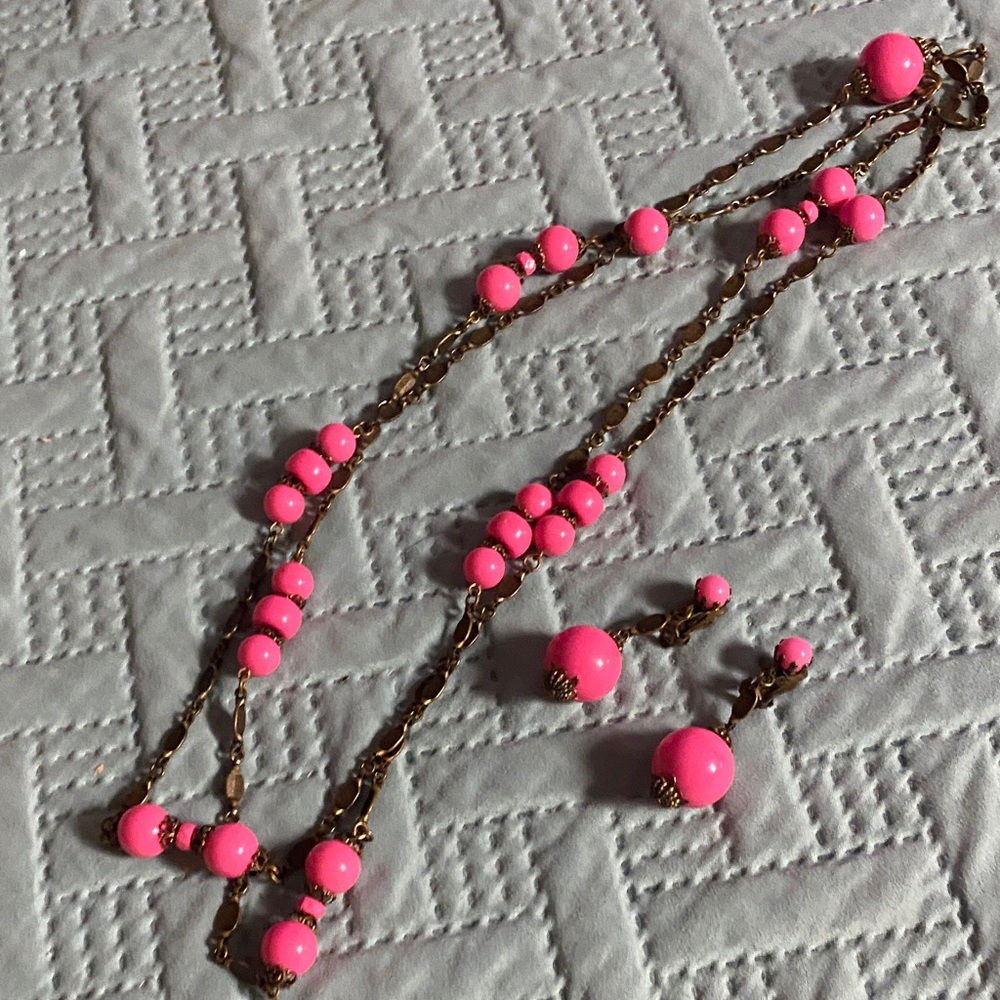 Vintage Pink Beaded Necklace and Earring Set